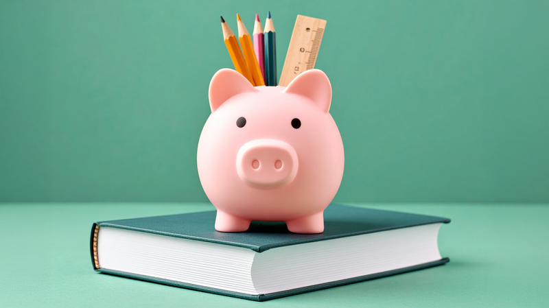 Ein Sparschwein, aus dem Buntstifte, Bleistifte und ein Lineal ragt, steht auf einem Buch