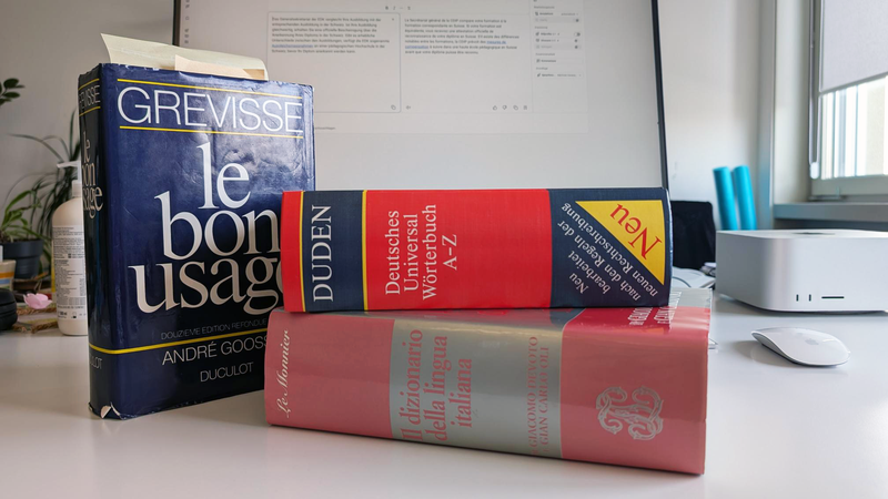 Drei dicke Wörterbücher (Französisch, Deutsch und Italienisch) liegen auf einem Pult, im Hintergrund ist ein Monitor mit DeepL zu sehen