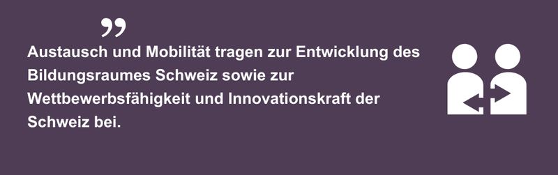 Zitat: "Austausch und Mobilität tragen zur Entwicklung des Bildungsraumes Schweiz sowie zur Wettbewerbsfähigkeit und Innovationskraft der Schweiz bei."