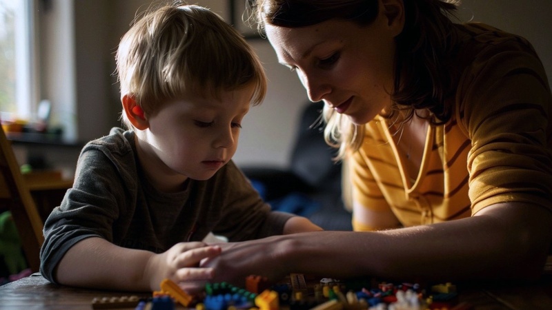 Frau spielt mit Kind an einem Tisch mit Legospielsachen