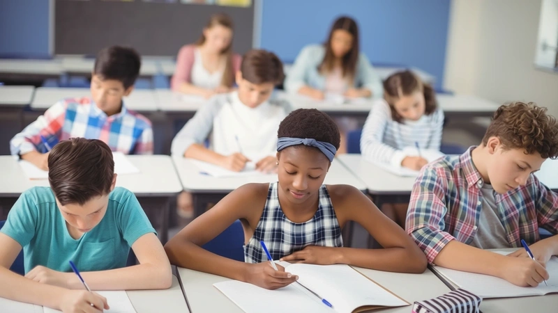 Schüler und Schülerinnen schreiben auf Papier an einem Pult.