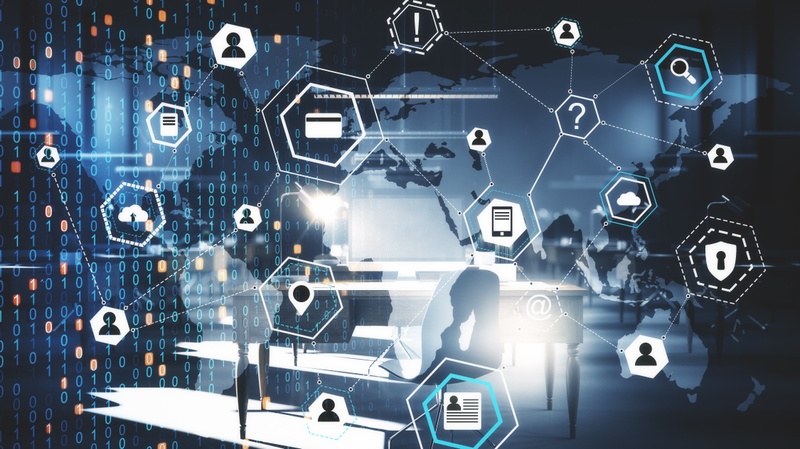 Seitenansicht einer kreativen, leuchtenden Big-Data-Oberfläche
