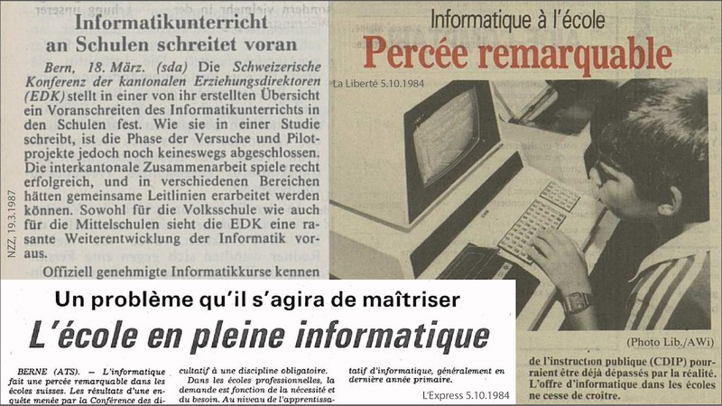 Collage avec des titres de journaux portant sur l'enseignement informatique