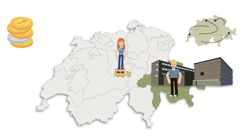 Carte graphique de la Suisse avec deux étudiants, graphiques d'établissements d'enseignement et pièces de monnaie