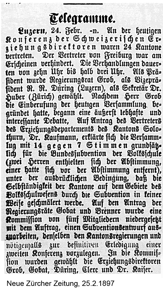 Article du 25 février 1897 concernant la première séance de la CDIP; paru dans la NZZ