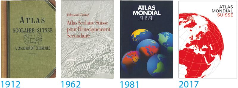On voit les couvertures des versions 1912, 1962, 1981 et 2017 de l'Atlas mondial suisse.