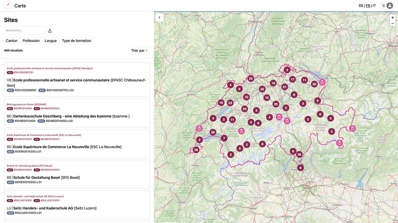 Capture d'écran du registre des écoles professionnelles suisses