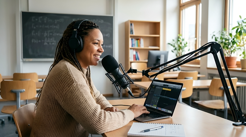 Une enseignante est assise dans sa salle de classe et enregistre un podcast.