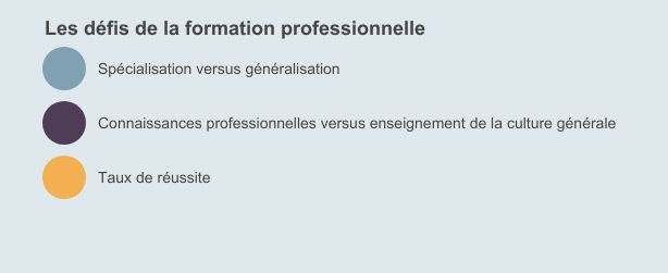 Les défis de la formation professionnelle: 1. Spécialisation versus généralisation 2. Connaissances professionnelles versus enseignement de la culture générale 3. Taux de réussite